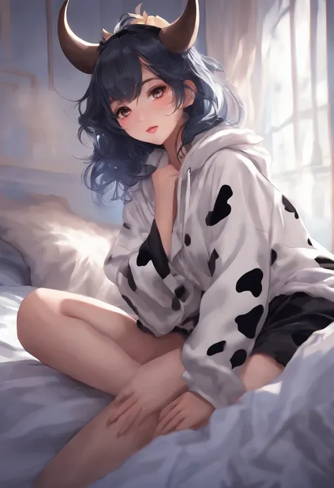 Anime girl in cow onesie on bed