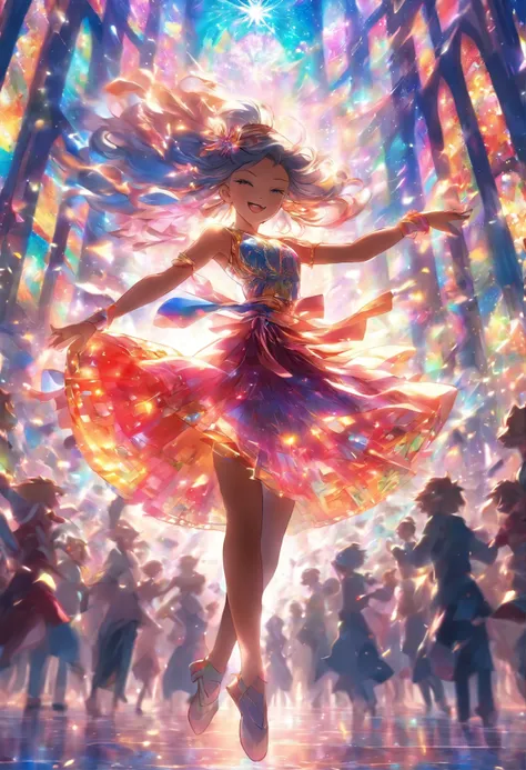 Beautiful woman dancing gracefully in the crowd、Draw in ultra-definition, High quality stained glass style。The colors are vivid、Lets shine light on it and create beautiful patterns。"