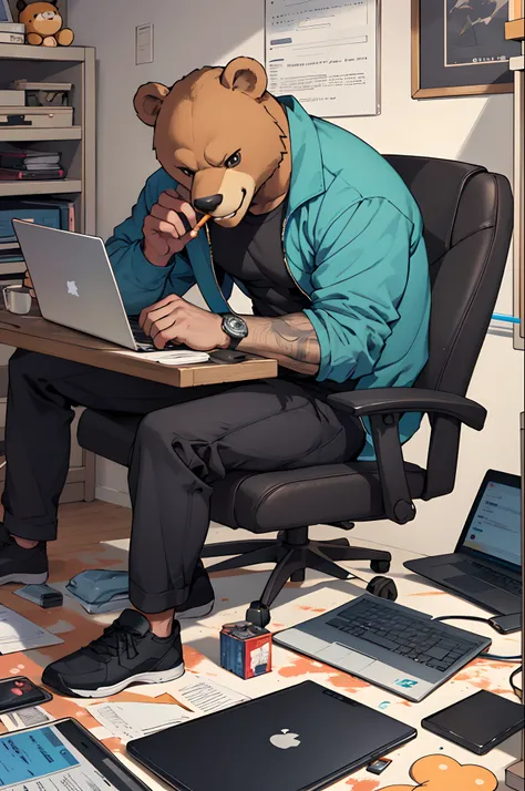 freddy fazzbear in a messy room smoking a hooka pipe while on a computer