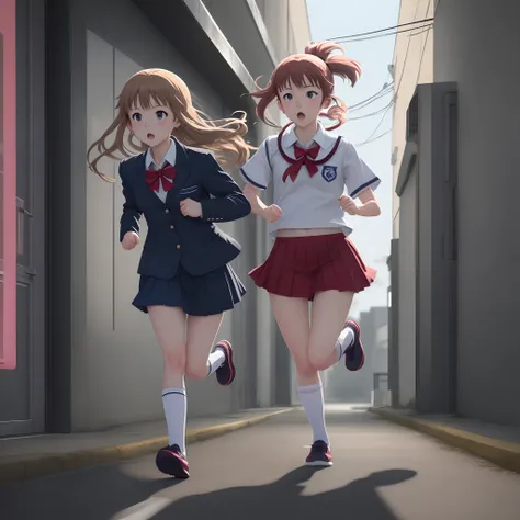 Make a music album with a anime girl running with a school uniform in a dark place which colorful lines surrounding her