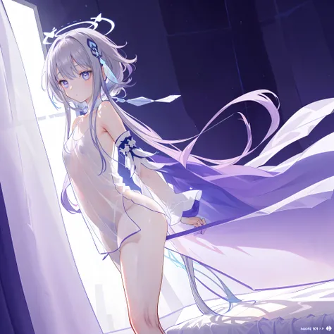 (((A far view: 1.4))) of an anime teen girl, (standing on a (bed)), (((half naked))), cinematic light, slim body with curves, skin is perfectly white, soft, and smooth, ((no nsfw)), Extremely delicate and beautiful CG illustration, best quality, high resol...