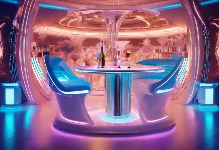 The bar table is designed in a futuristic, modern and technological style, with blue LED strips and a white bar