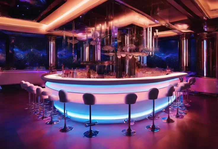 The bar table is designed in a futuristic, modern and technological style, with blue LED strips and a white bar