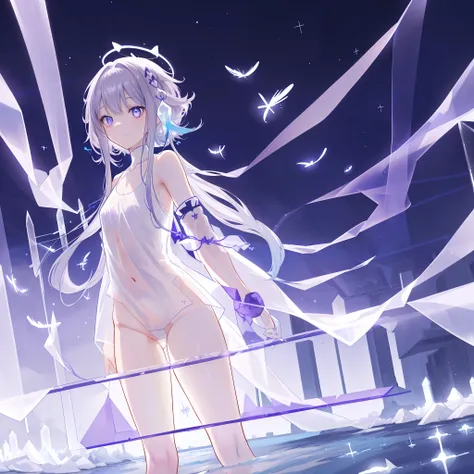 (((a far view: 1.4))) of an anime teen girl, (standing in a (river), (((half naked))), cinematic light, slim body with curves, s...