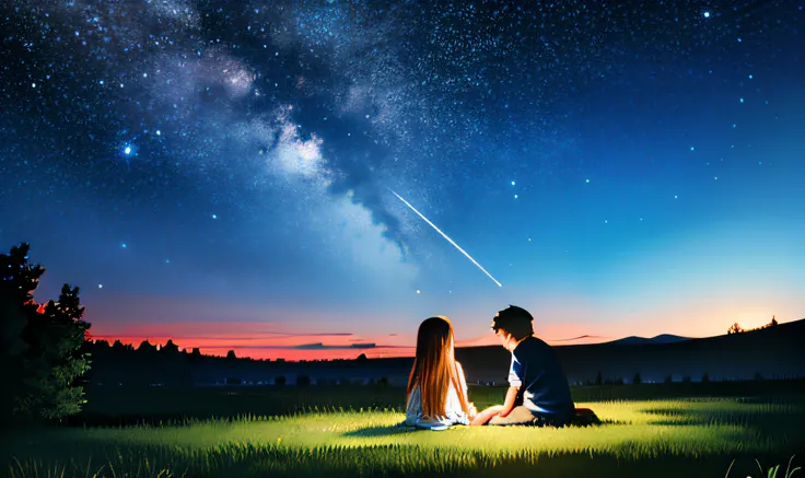 Childhood，the night，Big starry sky，two guys，Boy and long-haired girl snuggle together，Back Shadow，Two people are small。Sit on grass，Pop crossed，glowworm，Colorful starry sky，Quiet nights