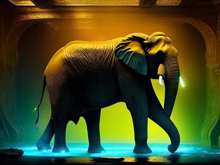 A majestic Indian elephant, emerging from golden and yellow liquid crystal pools, Chemiluminescent Surrealism Style, with zero-point energy fields, style raw, lawrencium lights