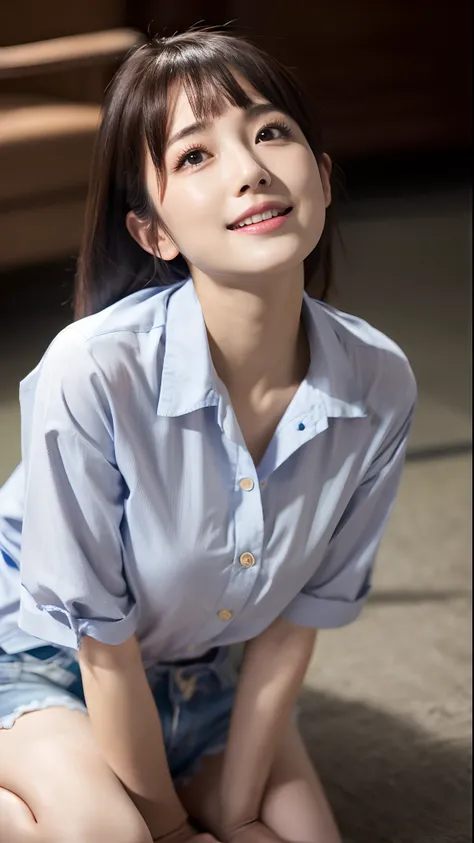 Pretty Woman、鎖骨,(Its a big shirt and its a little open at the chest),((I sit on the floor and look up at the viewer)),Japan Beauty,Detailed skin,(realskin) detailed hair and eyes、girl with,About 24 years old、Sanpaku eyes、(delighted expression),small tits,H...