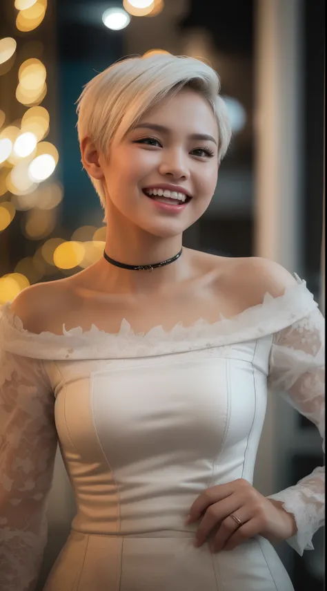 Malay girl, very short white hair, Sculpted Pixie cut hair, wear white Corset Dress, corset, laughing and posing with hand on hip, front view, windy, detail skin, age spot, detail skin texture, mole below eyes, small breast, flat chest, wide hips, small wa...