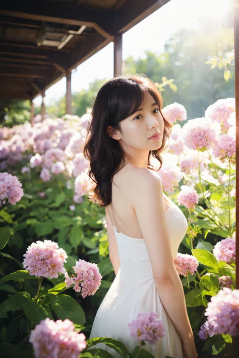 (Photorealsitic:1.1)、42-year-old woman、(fullnude:1)、lensflare、natural soft light、Back lighting、A dark-haired、Buried in blooming flowers