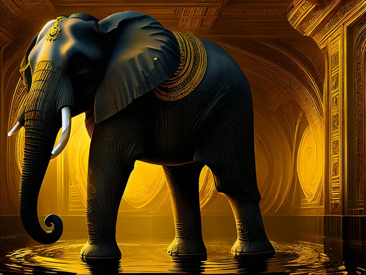 A majestic Indian elephant, emerging from golden and yellow liquid crystal pools, Chemiluminescent Surrealism Style, with zero-point energy fields, style raw, lawrencium lights