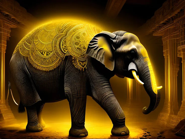 A majestic Indian elephant, emerging from golden and yellow liquid crystal pools, Chemiluminescent Surrealism Style, with zero-point energy fields, style raw, lawrencium lights