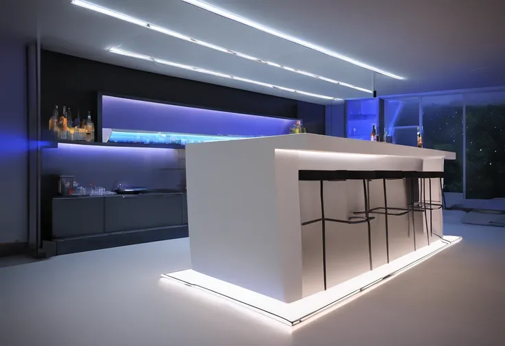 The bar table is designed in a futuristic, modern and technological style, with blue LED strips and a white bar, future, cyber, Computer