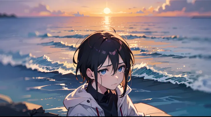 Create an image of a melancholic anime boy gazing out at the sea, with tears in his eyes and a sense of longing in his expression, to be used as an Instagram profile picture. --auto --s2