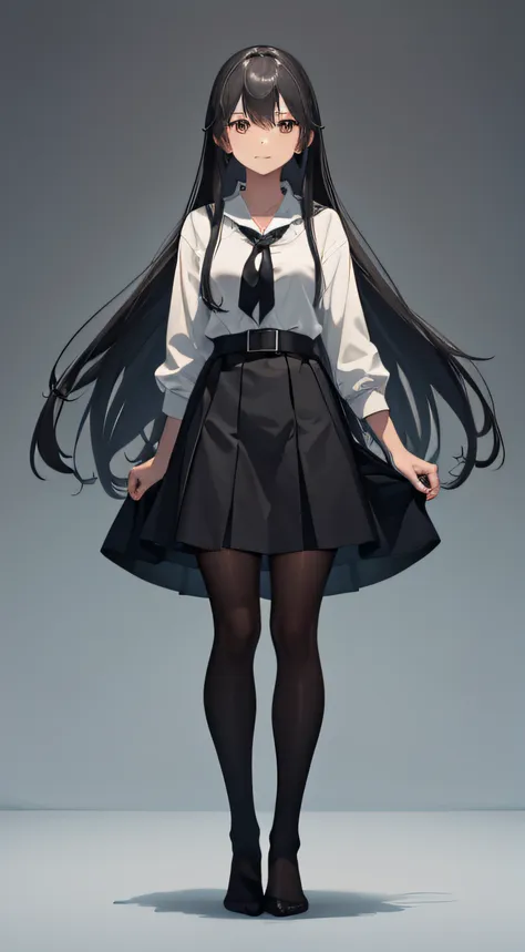 full body,missionary,no background,standing,no shoes,white shirt,long black-hair,white stockings,black skirt