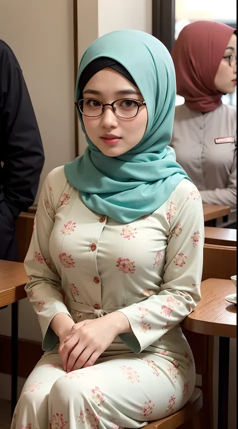 a photo of a young, nerdy malay woman in hijab sitting in a starbuck cafe with 1 malay men in office suit standing behind, woman...