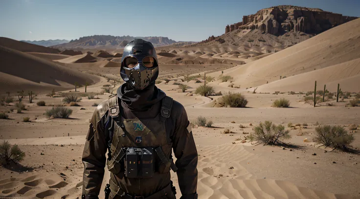 Hyperrealist , fantasy art , photo realistic ,a guy h gaz mask model with glass covered face a full Biohazard chimique Suit brown color with standing, model h gaz mask Respiratory covered with glass like STALKER poster, in the desert, dynamic envirenement ...