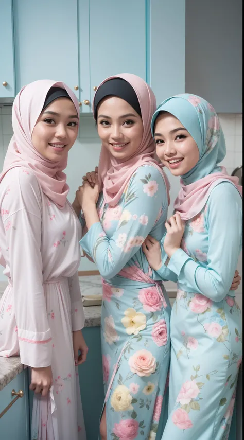 4 beautiful malay girl in pastel color hijab taking picture in modern kitchen, wear pastel blue and white floral pattern baju kurung, friendly and laughing situation, laughing, happy, modern pastel color kitchen, detailed skin texture, soft lighting, paste...