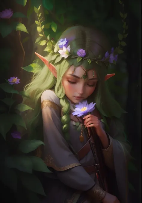 forest archer，dark forest，female elf，delicated face，flower petals and crown ornaments，lots of details