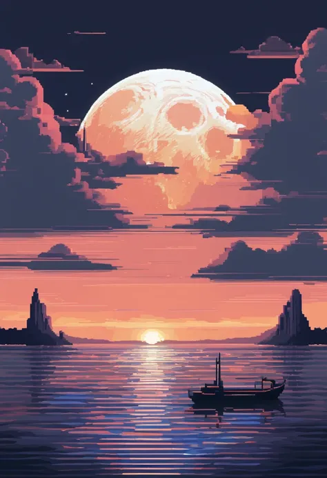 Pixel art of giant moon rising on calm sea, beautiful detailed pixel art, detailed pixel art, Lofidel retro video game, concept pixelart, detailed pixel artwork, Pixel art style, pixel town, pixel art animation, high quality pixel art, Dolphins jump out of...