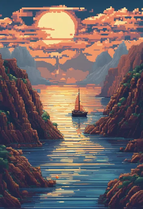 Pixel art of giant moon rising on calm sea, beautiful detailed pixel art, detailed pixel art, Lofidel retro video game, concept pixelart, detailed pixel artwork, Pixel art style, pixel town, pixel art animation, high quality pixel art, Dolphins jump out of...