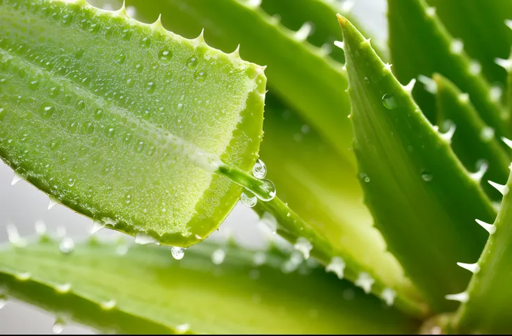 There is a close-up of a plant，There are water droplets on it, draped with water and spines, unsaturated, plant photography, spikes on the body, 🍸🍋, spirited water plants, focus on droplets, 3 4 5 3 1, 4 0 9 6, plant sap, Lush green aloe vera, 🤬 🤮 💕 🎀, Wat...