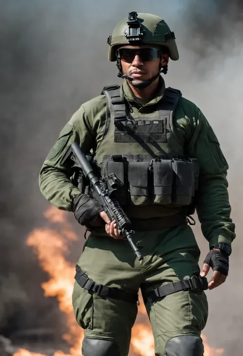 Military man wearing green uniform and combat pants, wearing black A.L.I.C.E rig and black PASGT with black goggle, wielding Ak47