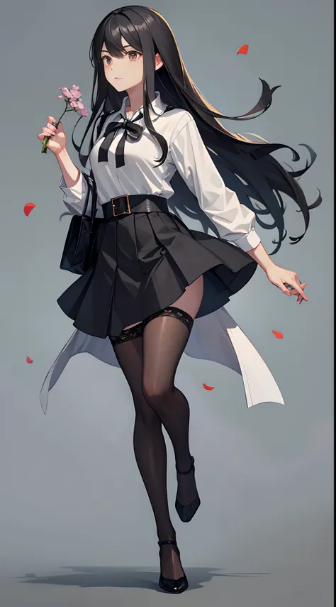 no background，the girl with long black hair is standing，no shoes on，white shirt，black short skirt，black lence stockings，flowers ...