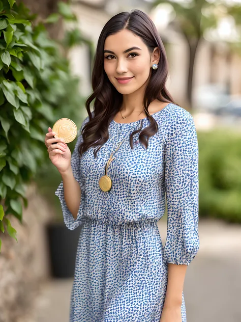 erotic woman in cap patterned dress holding a chia coin in her hand in a flowing dress