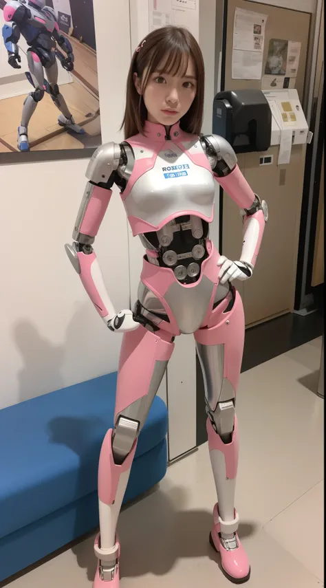 cyborg, Pink there, Silver, metallic body, Robot Parts, Metal Parts, Super Detailed Face, Super well-formed face, of the highest quality, a small face,, a small head Full body, brown hair, slender-body, Camera gaze, Internal Mechanical Exposure, Idol, Well...