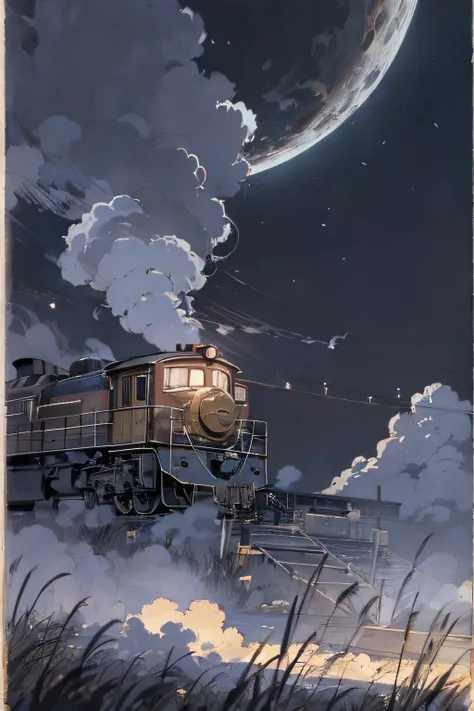 Smoke in the center of the locomotive、headlight、Japan countryside、cinematic scenery、Guibli、large moon、Clouds,masutepiece,Best quality,Sketch style、