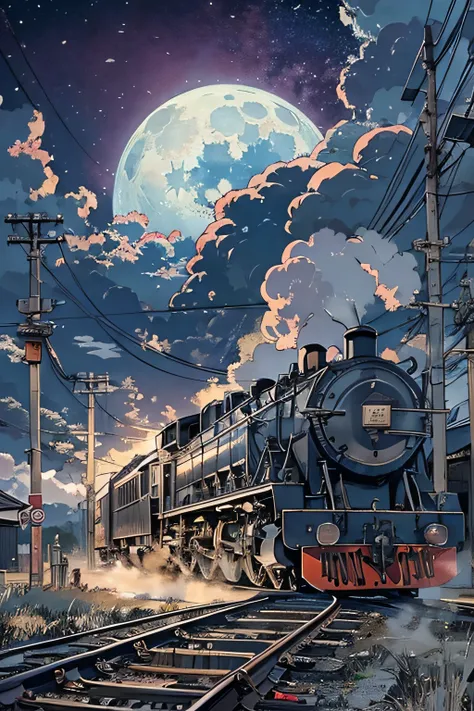 Smoke in the center of the locomotive、headlight、Japan countryside、cinematic scenery、Guibli、large moon、Clouds,masutepiece,Best quality,Sketch style、