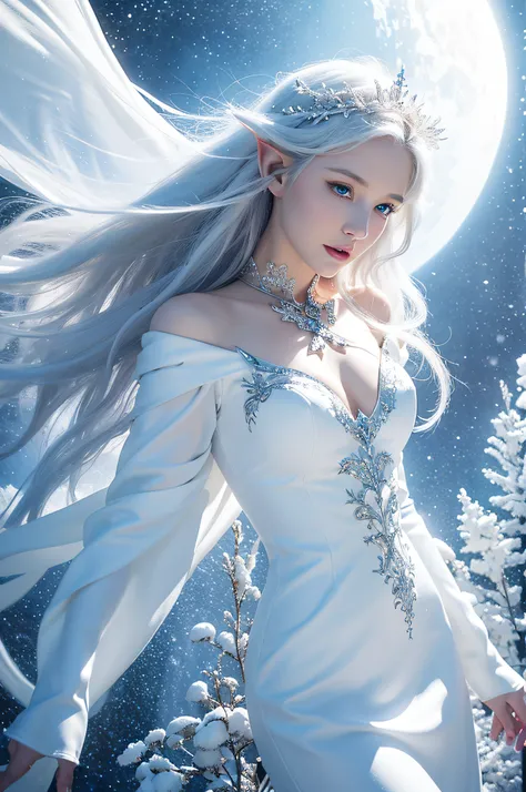 Close-up of a woman in a white dress flying in the air, Cynthia Shepards airbrush painting, deviantart contest winner, Fantasy art, goddess of winter, White witch, flod, beautiful and elegant female elf, centered elven, High quality fantasy art, Winter que...