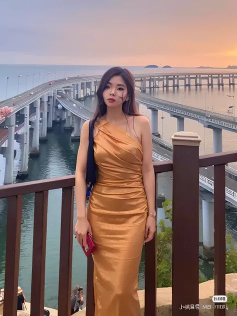 Woman in long dress standing on balcony overlooking a bridge, Dressed in elegant dresses, wearing long gown, late sunset, cindy avelino, With sunset, wearing evening gown, Long dress, inspired by Tang Di, soft silk dress, Wearing a long dress, inspired by ...