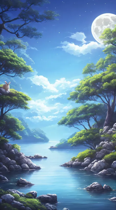 There are two rabbits sitting on rocks close to bodies of water, A beautiful artwork illustration, anime beautiful peace scene, 4 k hd wallpaper illustration, a forest with bunnies, Beautiful art UHD 4 K, Anime fantasy illustration, 4 k hd illustrative wal...