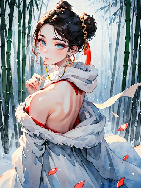 (((samurai hairstyle:1.2,)))(((((((Chinese ink painting，watercolor paiting,bamboo forest background,rich background,Light interlaces light and dark，snowing,Snowflakes in the sky，Romantic，))))))((((female face,confident smile,adorable ,cute,kawaii)))),(((dr...