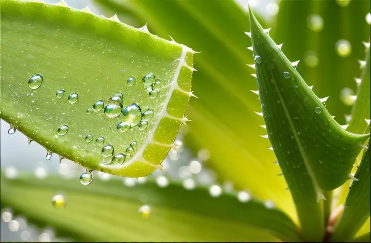 There are close-ups of plants，There are water droplets on it, draped with water and spines, unsaturated, plant photography, spikes on the body, 🍸🍋, spirited water plants, focus on droplets, 3 4 5 3 1, 4 0 9 6, plant sap, Lush green aloe vera, 🤬 🤮 💕 🎀, Wate...