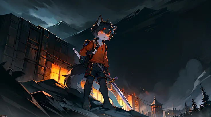 Black Haired Wolf，Orange shirt，Orange pupils，Shota，adolable，Holding a long sword，Outside the city walls，Spooky forest，dark stormy clouds，solo person，salama，explorer，backpacks，borgar