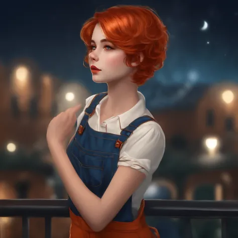 1girl, SxFrances, short hair, orange hair, olhos verdes, Sardas, sorrir, red overalls, camisa azul, roll up sleeve, montanha, lua, (Noite:1.5), Olhando para o Viewer