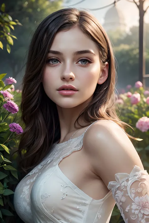 A girl in a garden,illustration,beautiful detailed eyes,beautiful detailed lips,extremely detailed eyes and face,long eyelashes,ultra-detailed,photorealistic:1.37, HDR,UHD,studio lighting,ultra-fine painting,sharp focus,physically-based rendering,extreme