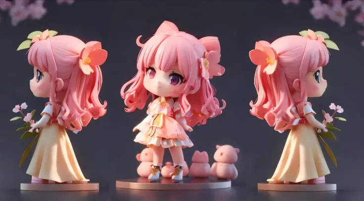 peach blossom，Three figurines of girls with pink hair and pink dresses, style as nendoroid, Nendoroid 3D, water color nendoroid, good smile company anime style, render of a cute 3d anime girl, cute 3 d render, nendoroid, 8K high quality detailed art, anime...