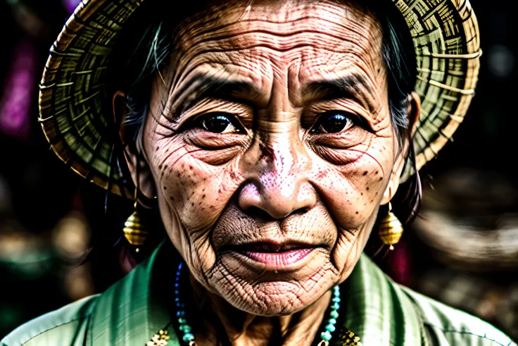 Photo of a Hmong Sapa in vietnam woman, wrinkles, aged, necklace, crowded papers room, closeup, neutral colors, barren land