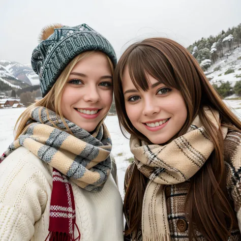 title: "snowy field adventures: side-by-side selfies"
in a picturesque snowy field, two schoolgirls stand side by side, capturin...