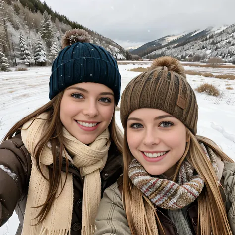 title: "snowy field adventures: side-by-side selfies"
in a picturesque snowy field, two schoolgirls stand side by side, capturin...