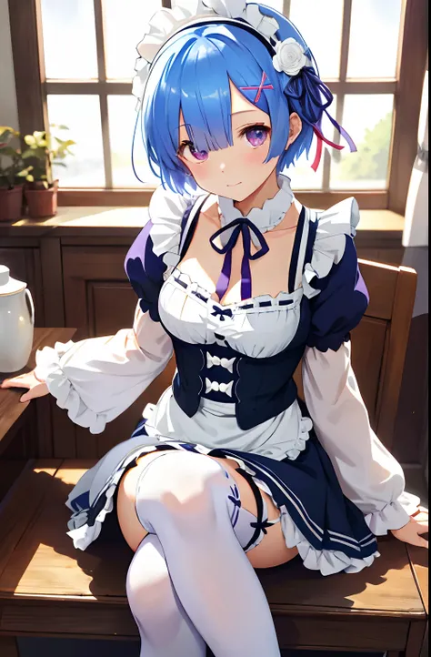 Masterpiece, Best quality, A high resolution, ram1, 1girll, Solo, REM (re:Zero), Blue hair, white thighhighs, Short hair, Red eyes, hair on one eye, Ribbon trim, Hair ribbon, x hair ornamen, frilld, maid headdress, waist apron, a garter belt, Black ribbon,...