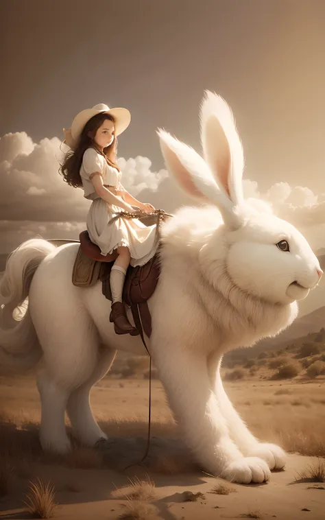 girl riding on top of a giant fluffy white bunny, fantasy, sepia tone, 8k resolution, old time photographs faded and scratched.