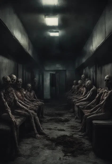 4 zombies, exposed ribs, dirty, decaying, fallen rotten skin, hollow deep sunken eye sockets, rips in skin, ripped skin, in the supermarket, sitting on floor, creepy, horror, horror movie, eerie, unsettling, night, nightmare, unnerving, night time, midnigh...