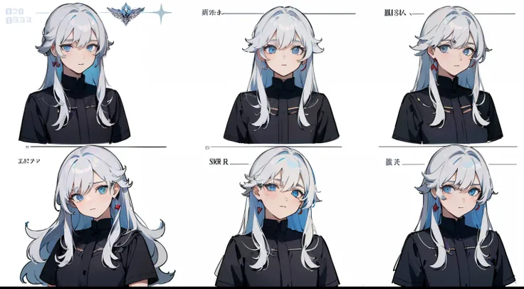 ((Masterpiece, Highest quality)), Detailed face, character sheets, full bodyesbian, 1boys,shoun，childrens，Babe， Blue eyes, White hair,  Long hair， Messy hair, , hair between eye,Black loose blouse, Full of details, Multiple poses and expressions, Highly de...