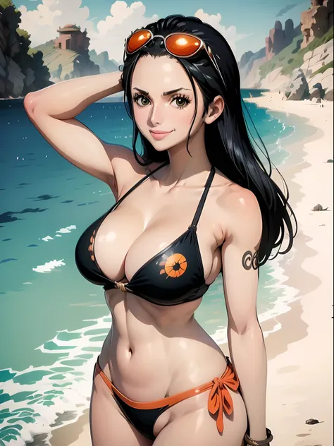 masterpiece, anime girl, nico robin, one piece anime, colourfull, black bikini, orange colour sun glass on head, perfect face, o...