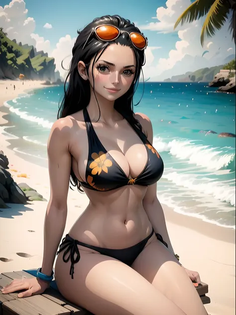 Masterpiece, Anime girl, Nico robin, one piece Anime, colourfull, black bikini with yellow flower printing , orange colour sun glass on head, perfect face, open smile, sitting in beach sand, depth of field, blury background,