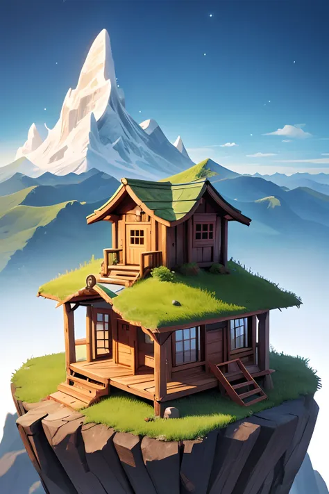 a hut towering over the mountain, masterpiece, super detail, best quality